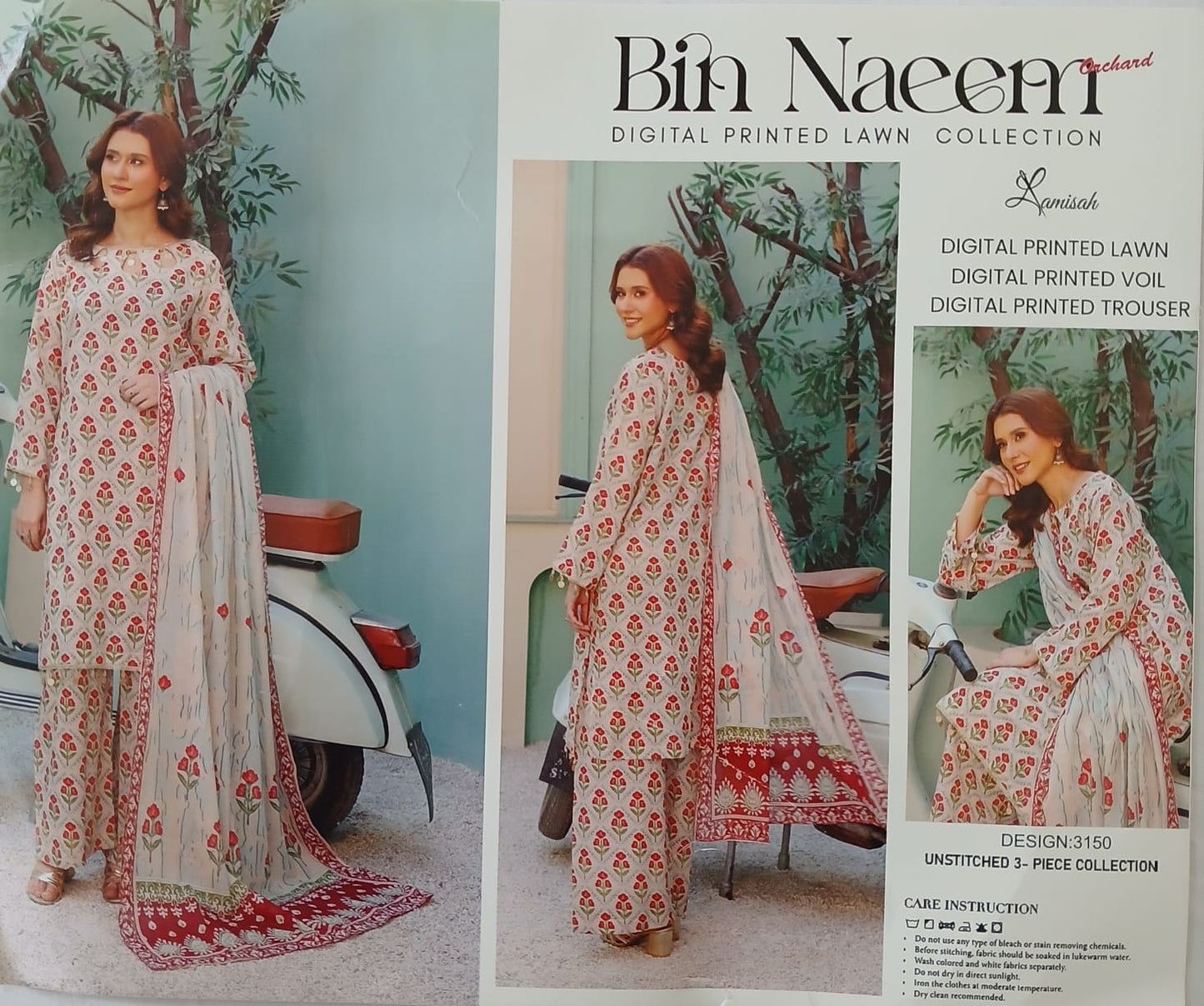 Bin Naeem Digital All Over Printed Lawn 3 Piece Suit – Unstitched Summer Collection with Voil Dupatta & Trouser