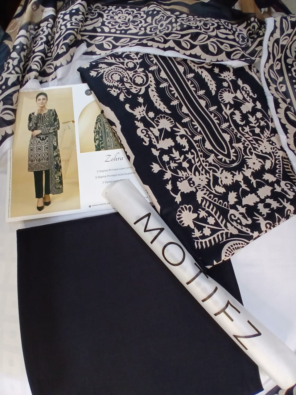 Complete view of Motifz Zohra 3 piece lawn unstitched suit black beige