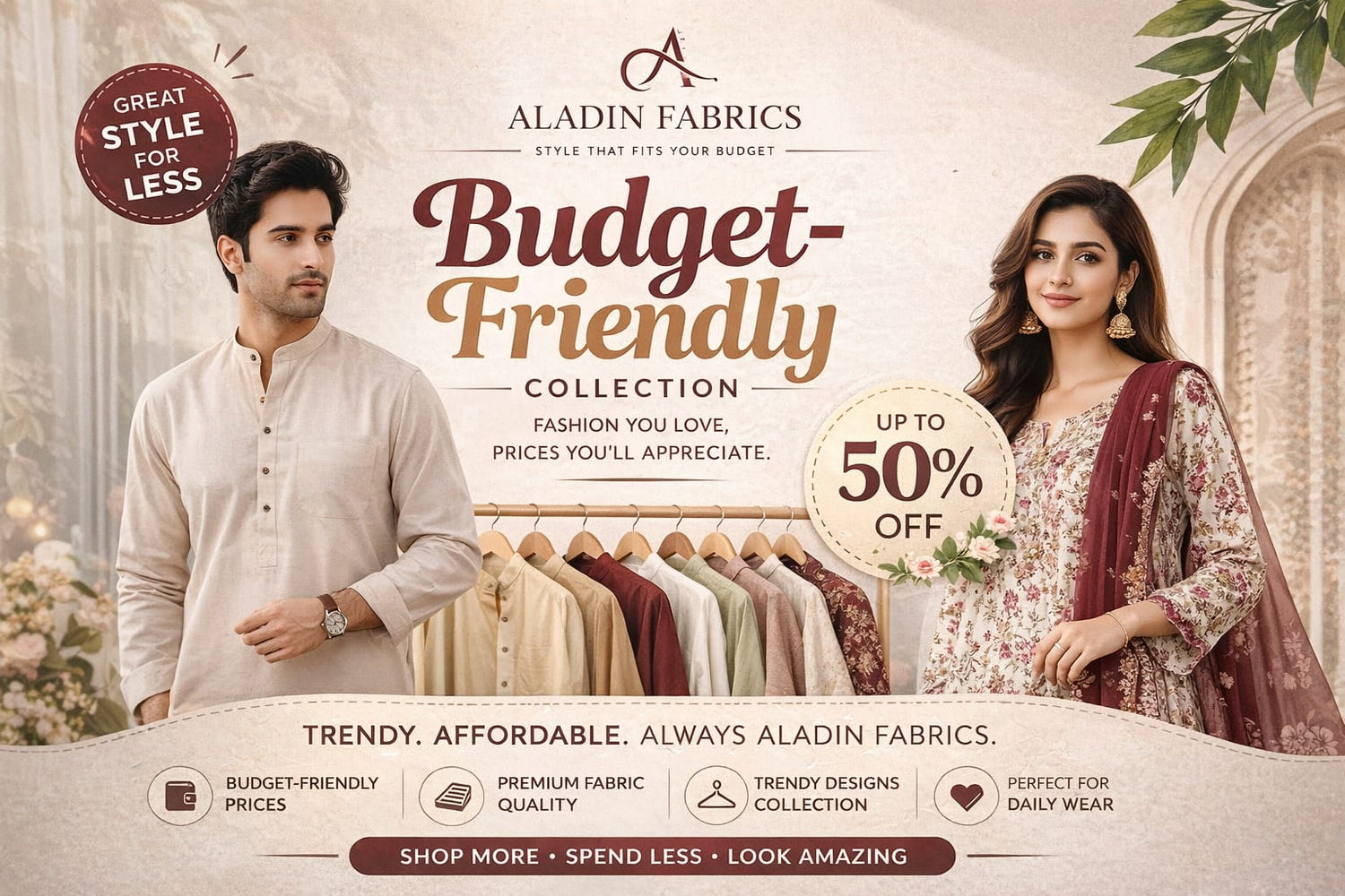 Budget-friendly clothing collection by Aladdin Fabric featuring affordable outfits in Pakistan