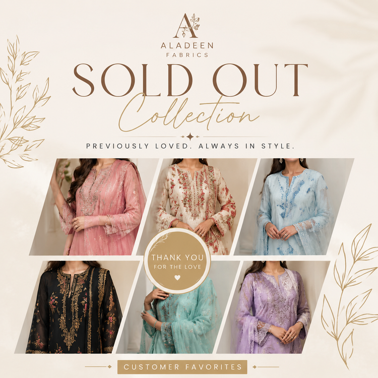 Sold out dresses collection by Aladeen Fabrics featuring previously loved Pakistani lawn suits, embroidered outfits, printed dresses, and customer favorite designs for women and girls.