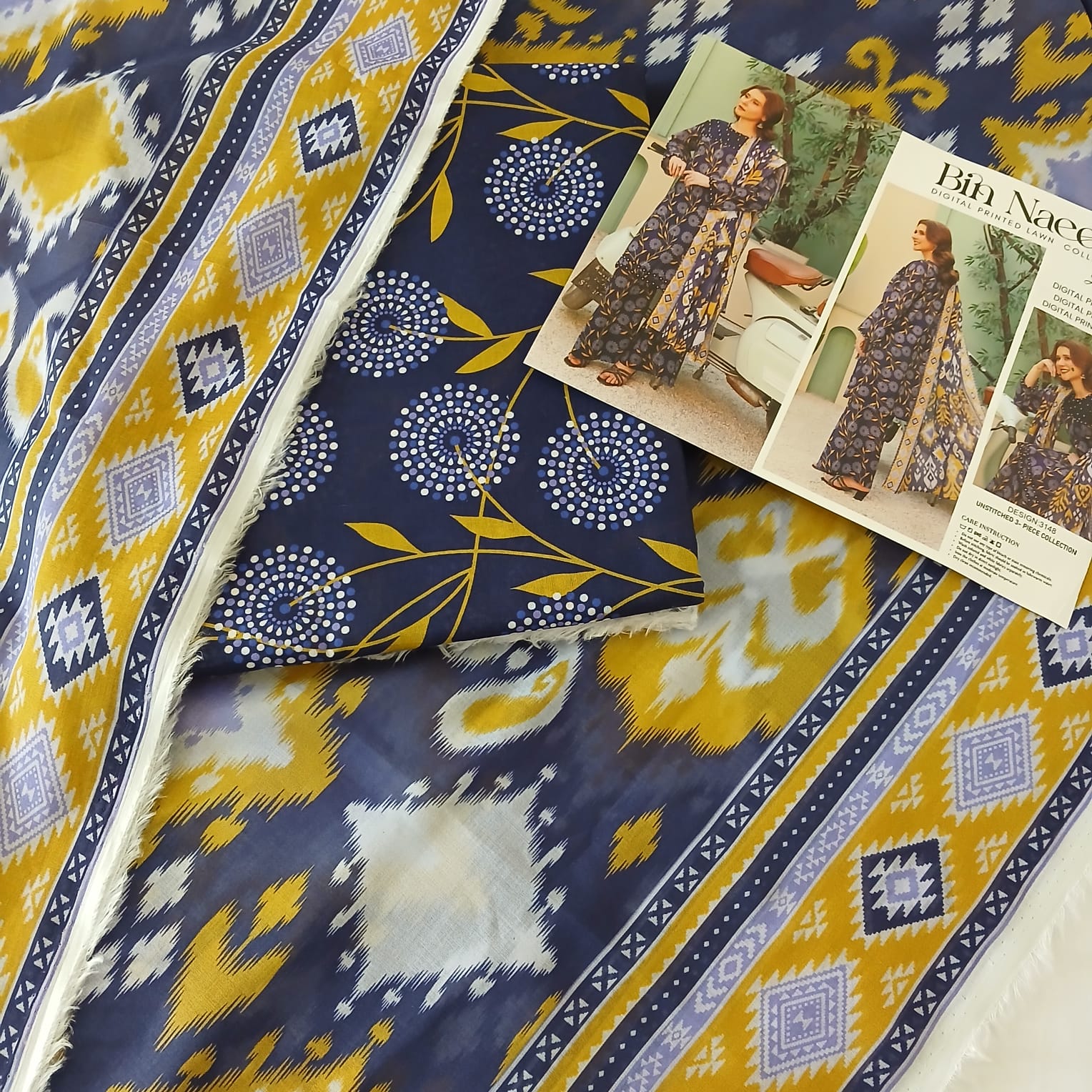Complete 3 piece unstitched lawn suit set including shirt, trouser and dupatta