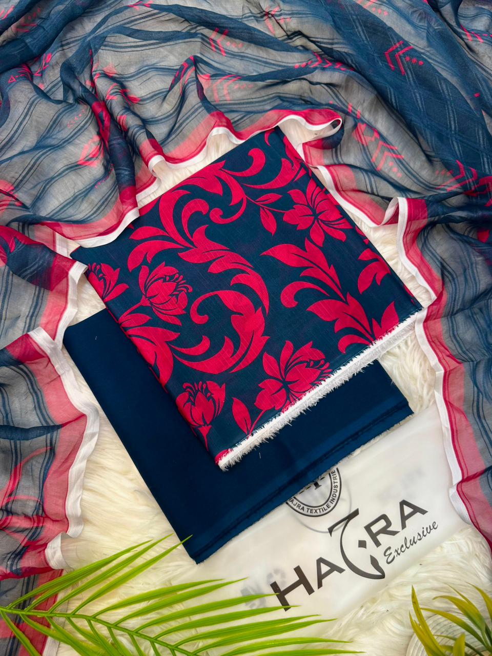 Aladeen Fabrics Hajra Slub Lawn navy blue and pink 3 piece suit with Bamber dupatta