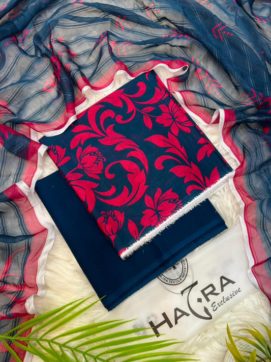 Aladeen Fabrics Hajra Slub Lawn navy blue and pink 3 piece suit with Bamber dupatta