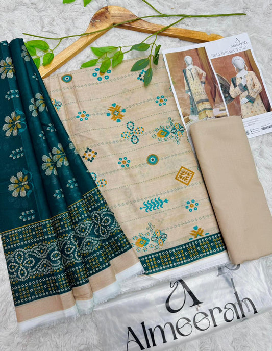 Almeera Bellissima Vol 2 unstitched printed lawn 3 piece suit in beige and sea green with printed dupatta and dyed trouser available at Aladeen Fabrics