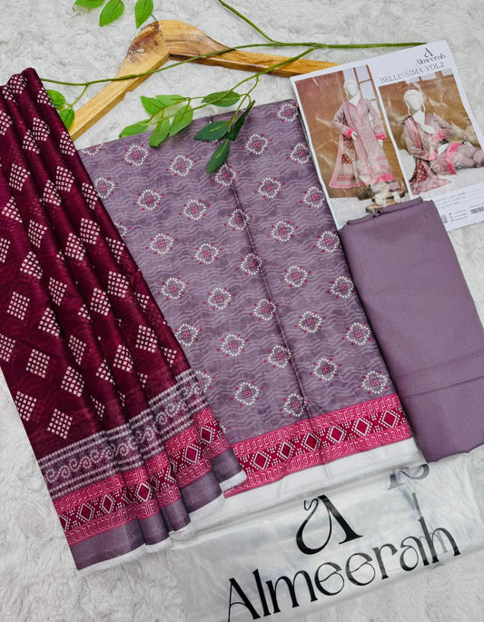 Almeera Bellissima Vol 2 unstitched printed lawn 3 piece suit in deep pink and maroon with printed dupatta and dyed trouser available at Aladeen Fabrics