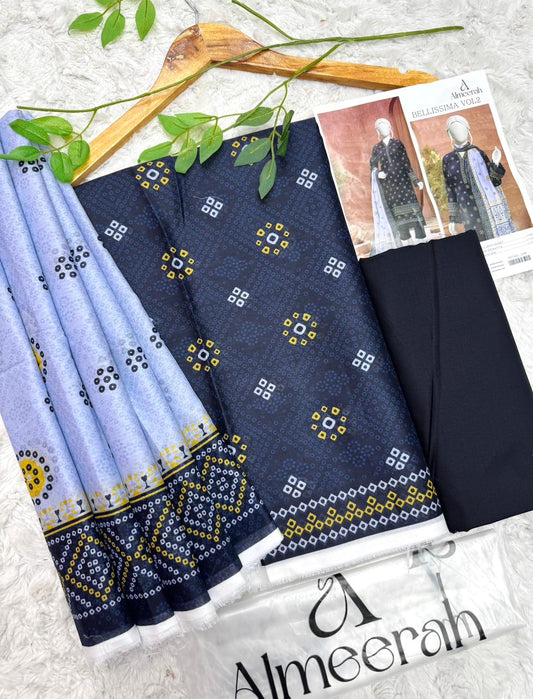 Almeera Bellissima Vol 2 printed lawn 3 piece unstitched suit in navy blue and lavender with printed dupatta and dyed trouser available at Aladeen Fabrics