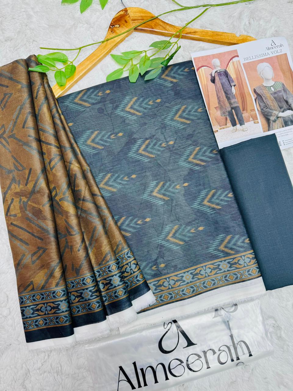 Almeera Bellissima Vol 2 unstitched printed lawn 3 piece suit in slate blue and brown with printed dupatta and dyed trouser available at Aladeen Fabrics