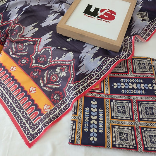 Dark Blue Floral Digital Printed Lawn 3 Piece Suit with Voil Dupatta – Summer Collection | Aladeen Fabrics