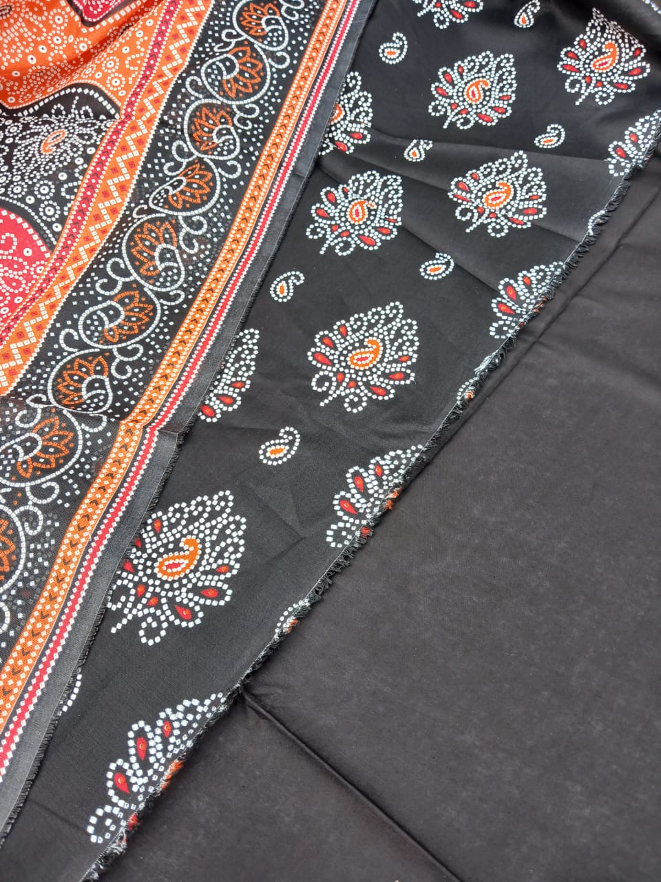 Bin Naeem Platinum Unstitched 3-Piece Collection – Black, Orange & Red Designer Lawn Suit