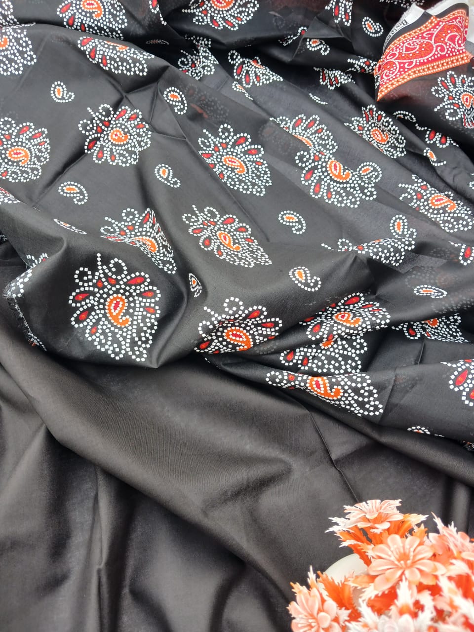 Bin Naeem Platinum Unstitched 3-Piece Collection – Black, Orange & Red Designer Lawn Suit