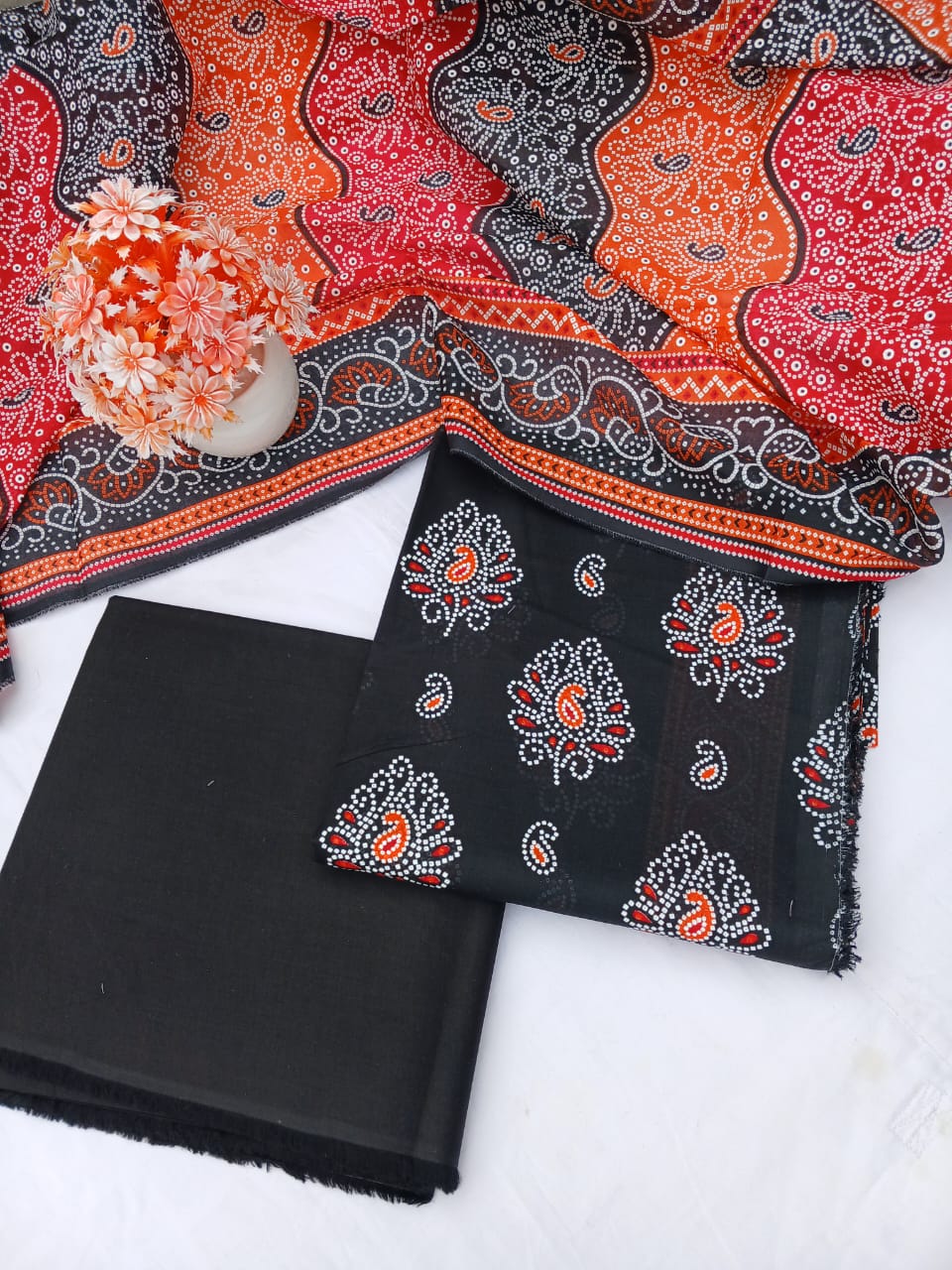 Bin Naeem Platinum Unstitched 3-Piece Collection – Black, Orange & Red Designer Lawn Suit