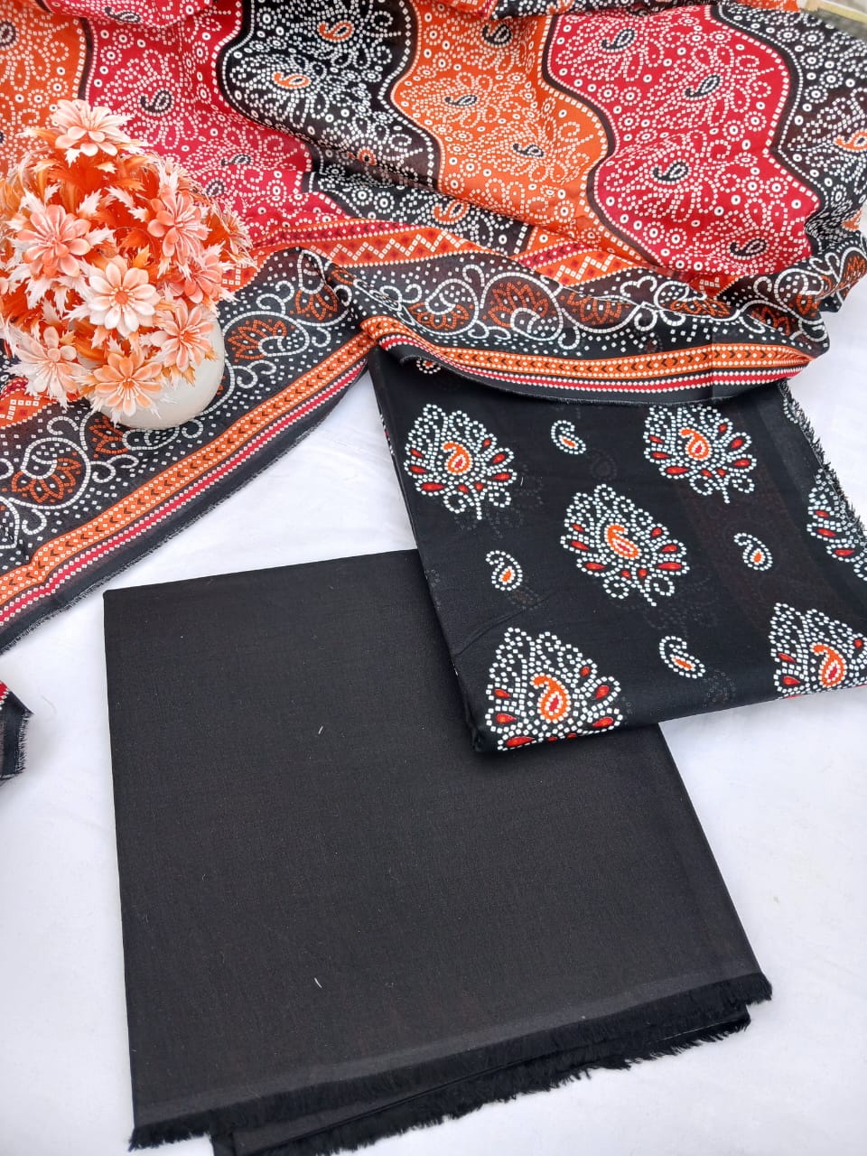 Bin Naeem Platinum Unstitched 3-Piece Collection – Black, Orange & Red Designer Lawn Suit