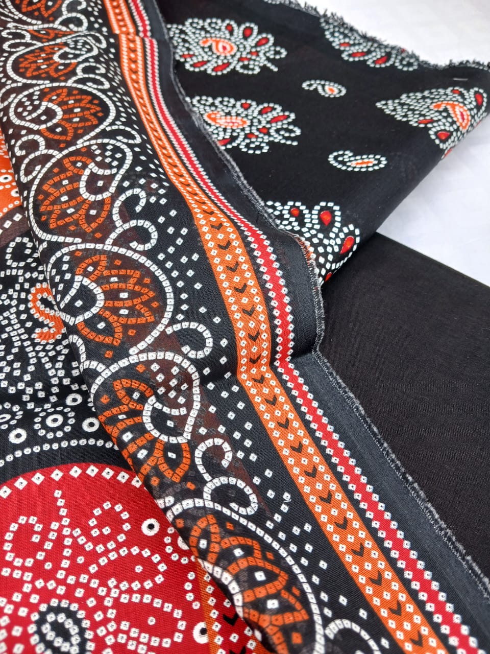 Bin Naeem Platinum Unstitched 3-Piece Collection – Black, Orange & Red Designer Lawn Suit