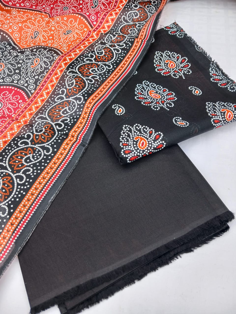 Bin Naeem Platinum Unstitched 3-Piece Collection – Black, Orange & Red Designer Lawn Suit