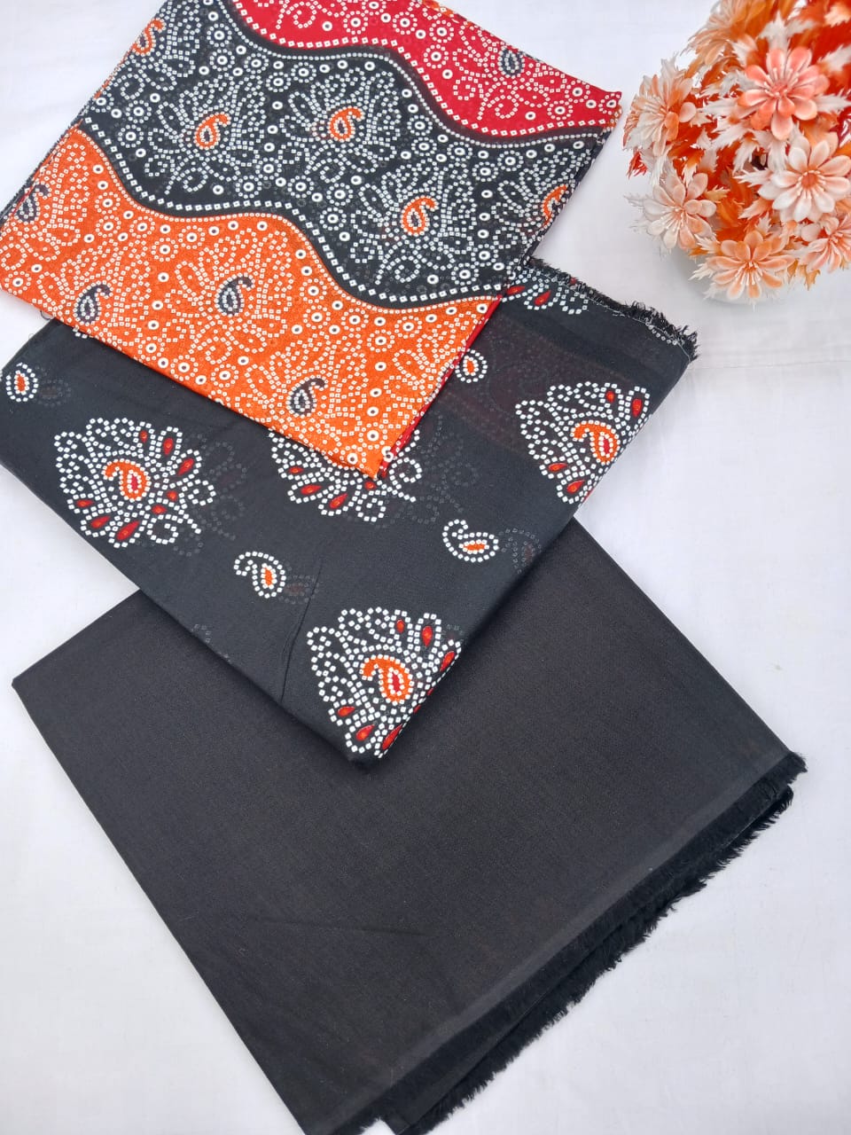 Bin Naeem Platinum Unstitched 3-Piece Collection – Black, Orange & Red Designer Lawn Suit