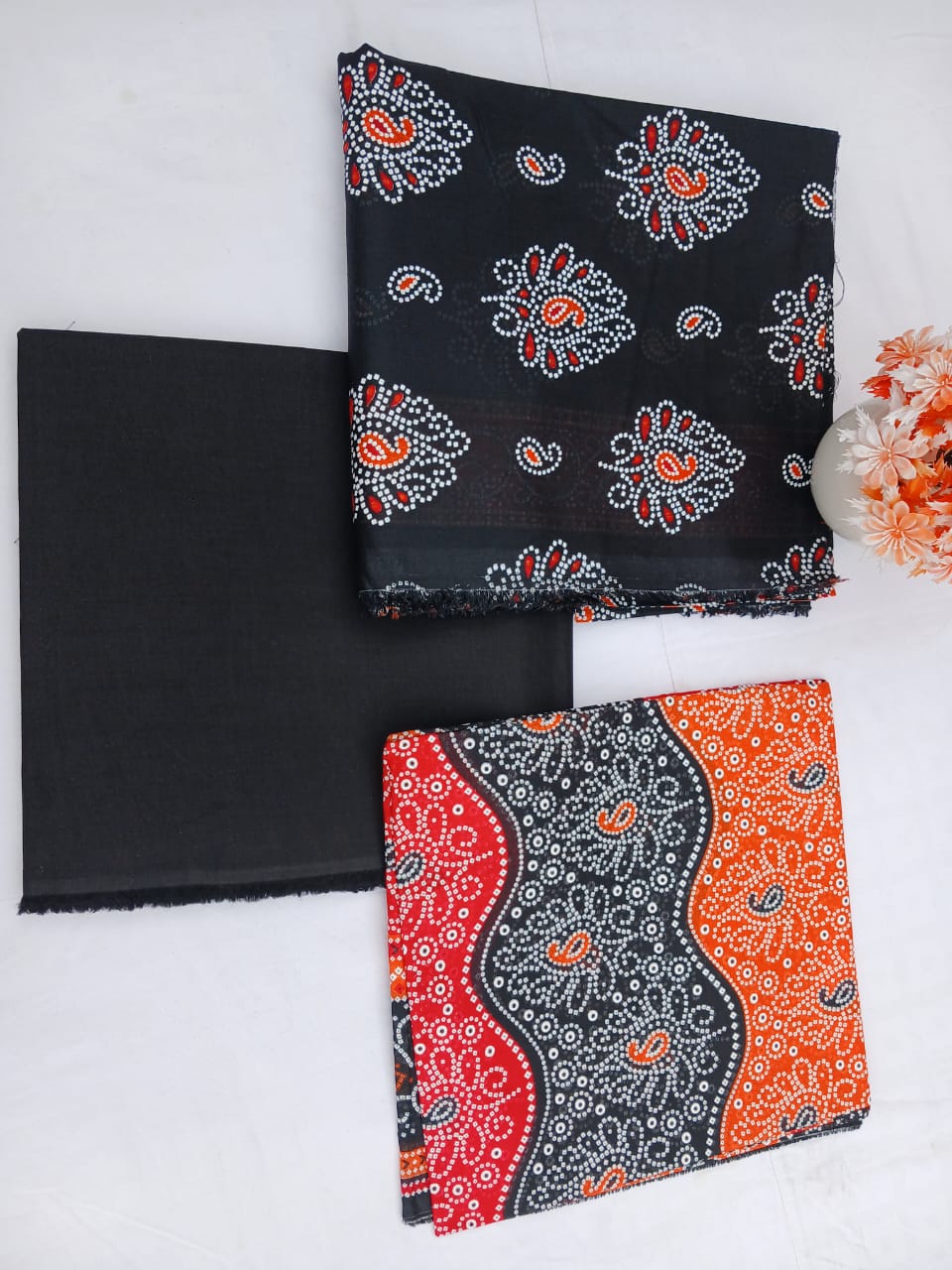Bin Naeem Platinum Unstitched 3-Piece Collection – Black, Orange & Red Designer Lawn Suit