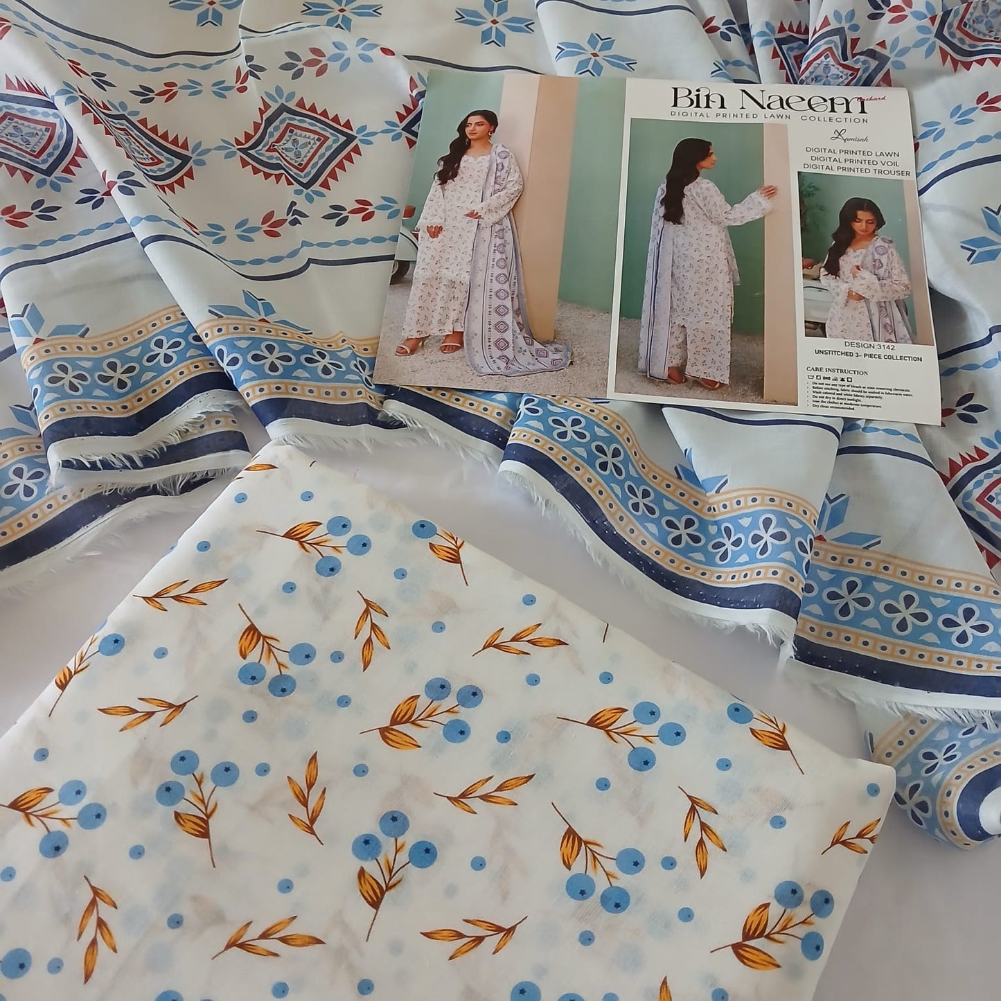 Bin Naeem Digital All Over Printed Lawn 3 Piece Suit – Unstitched Summer Collection with Voil Dupatta & Trouser