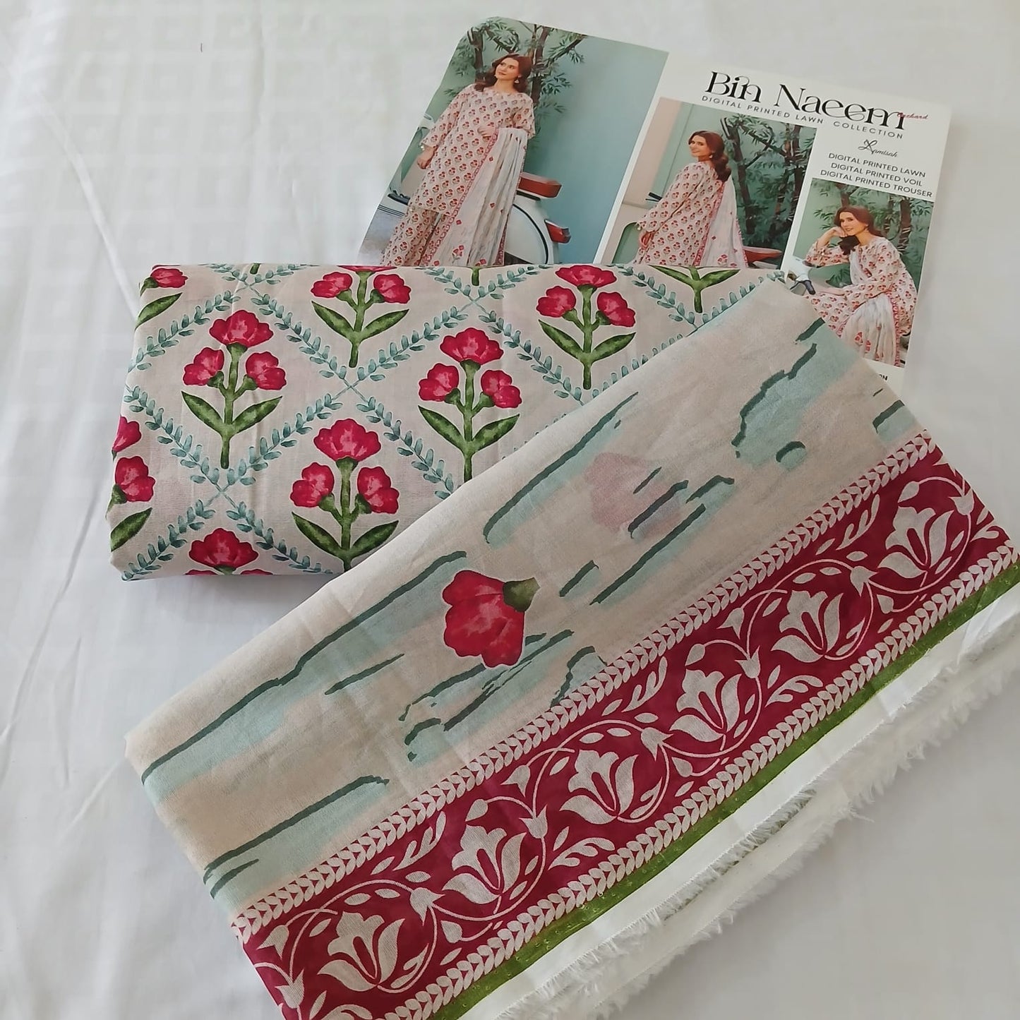 Bin Naeem Digital All Over Printed Lawn 3 Piece Suit – Unstitched Summer Collection with Voil Dupatta & Trouser