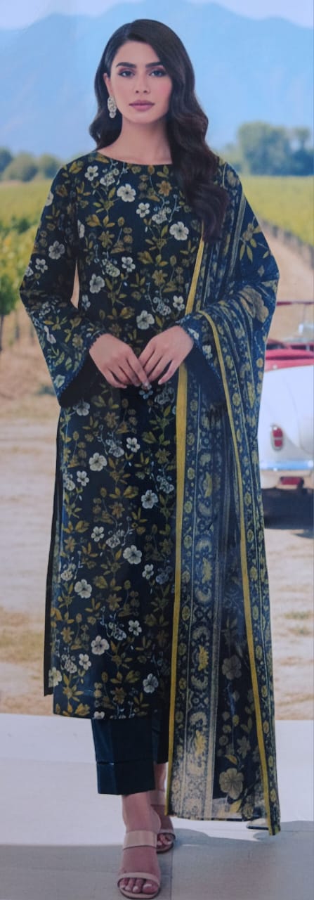 Bin Naeem Platinum Unstitched 3-Piece Collection – Deep Green & Olive Green Elegant Lawn Suit
