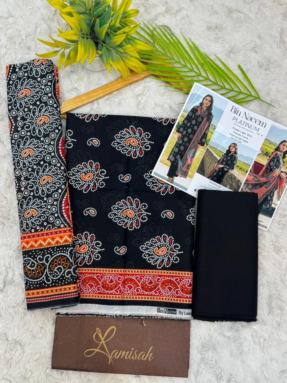 Bin Naeem Platinum unstitched 3 piece suit in black orange and red shades