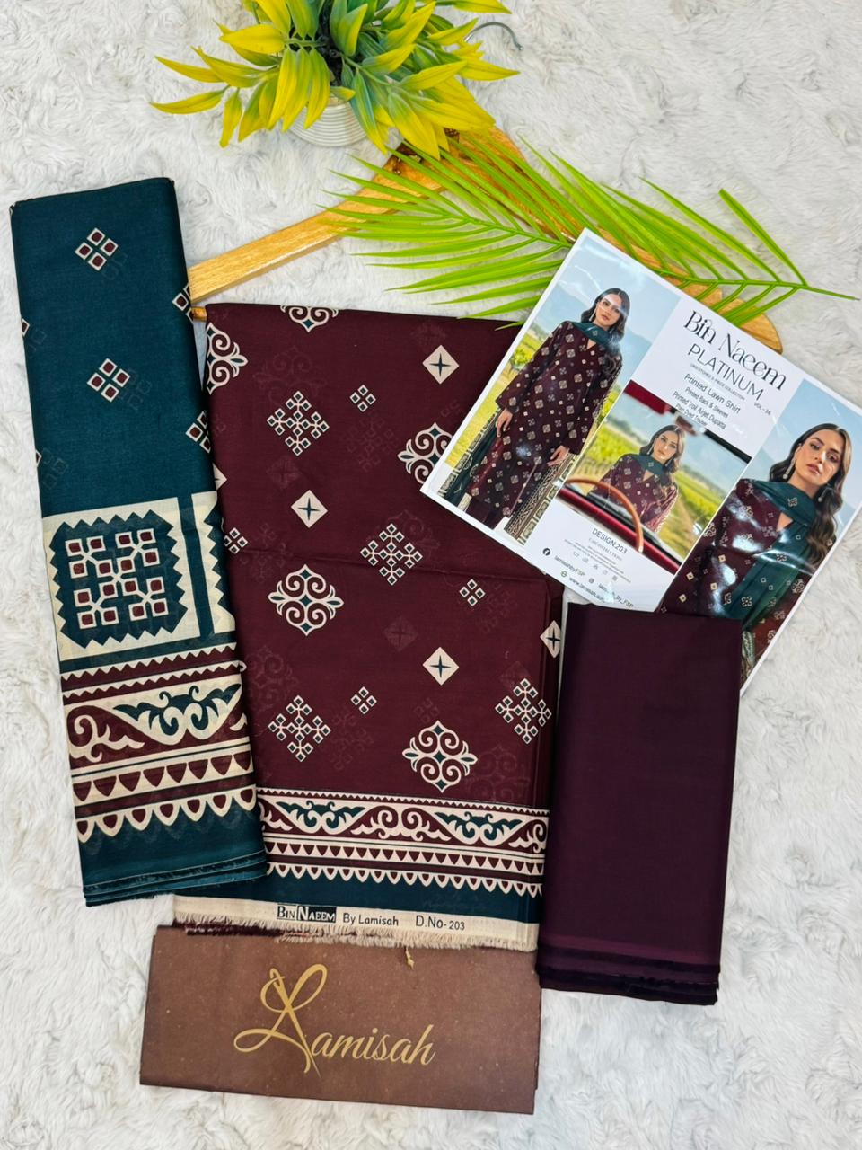 Bin Naeem Platinum unstitched 3 piece suit in deep green and maroon colors