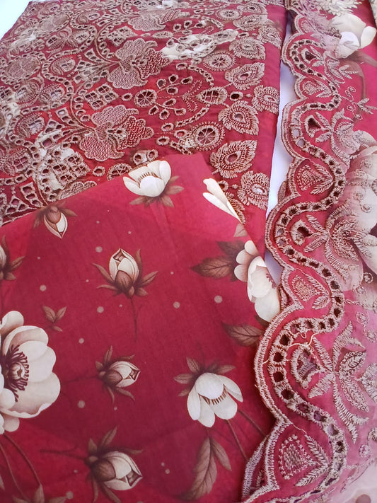 Burgundy lawn suit with full front embroidery and cutwork detailing premium summer outfit design