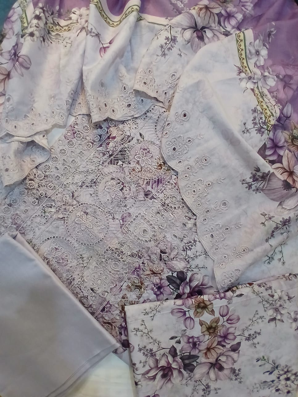 Comfortable cambric trousers in lavender color for embroidered lawn suit set