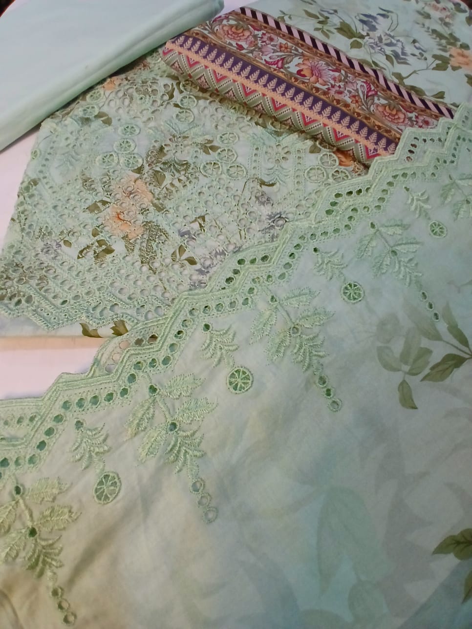 Lightweight lawn dupatta with digital floral print in soft pastel green tones summer fashion