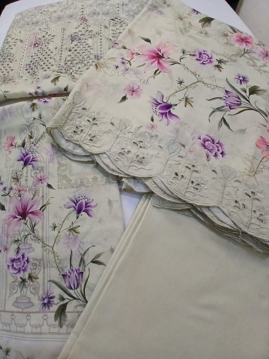Off-white and cream lawn suit featuring full front embroidery with pink and purple floral digital print, summer 2026 collection by Aladeen Fabrics