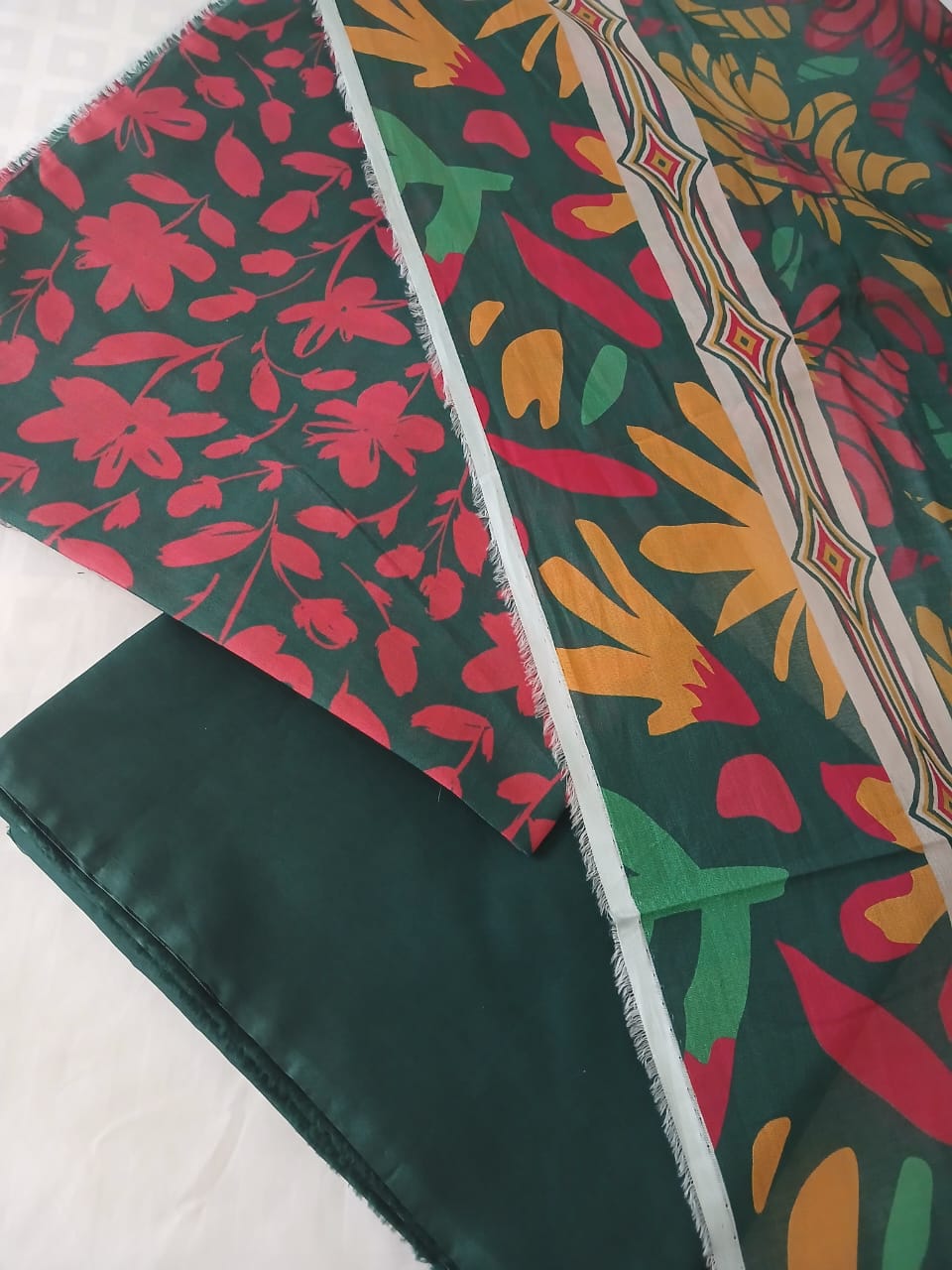 dark green printed lawn suit full dress with floral dupatta and trouser