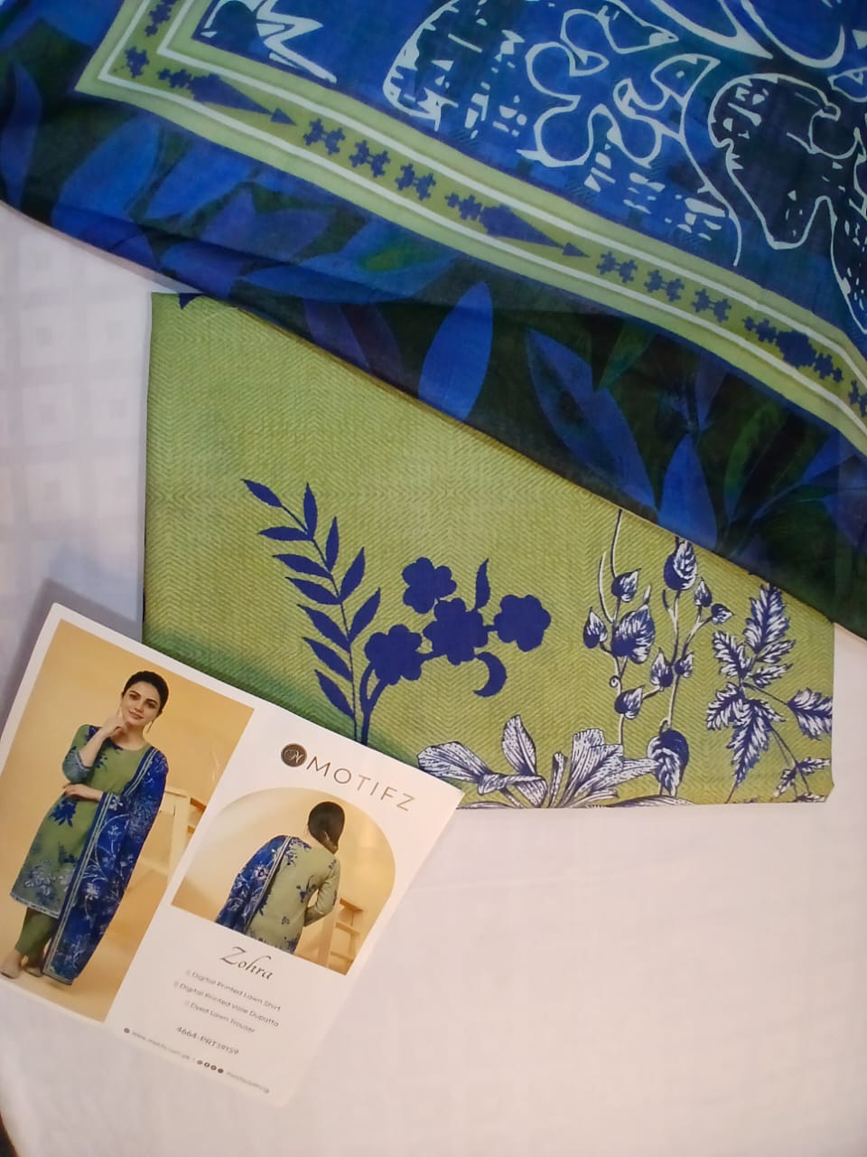 lime green printed lawn suit full dress with royal blue dupatta and trouser