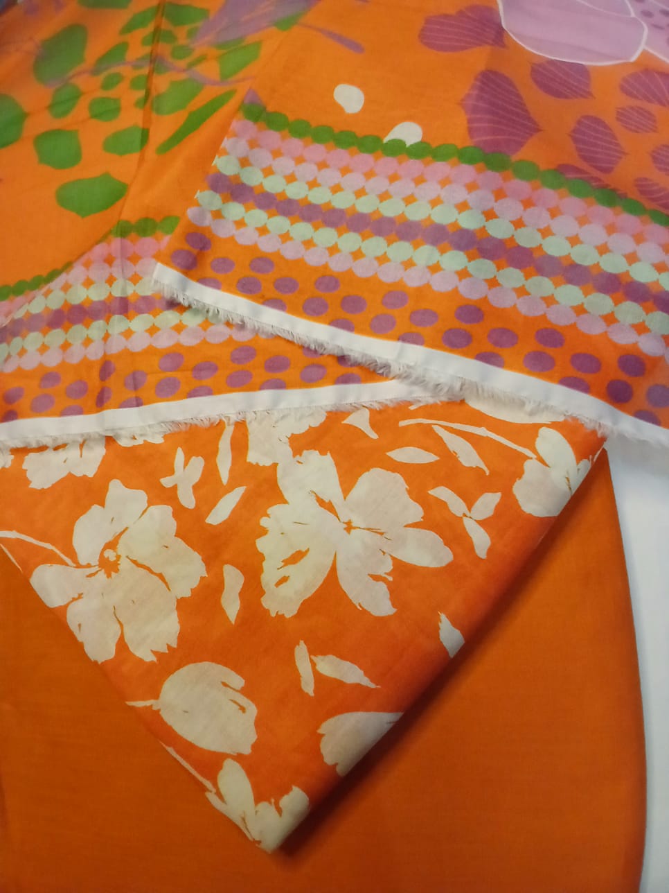 orange printed lawn suit full dress with floral dupatta and trouser