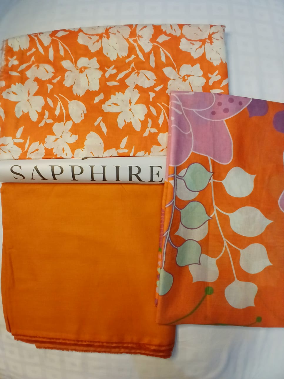 orange lawn suit trouser fabric texture unstitched 3 piece