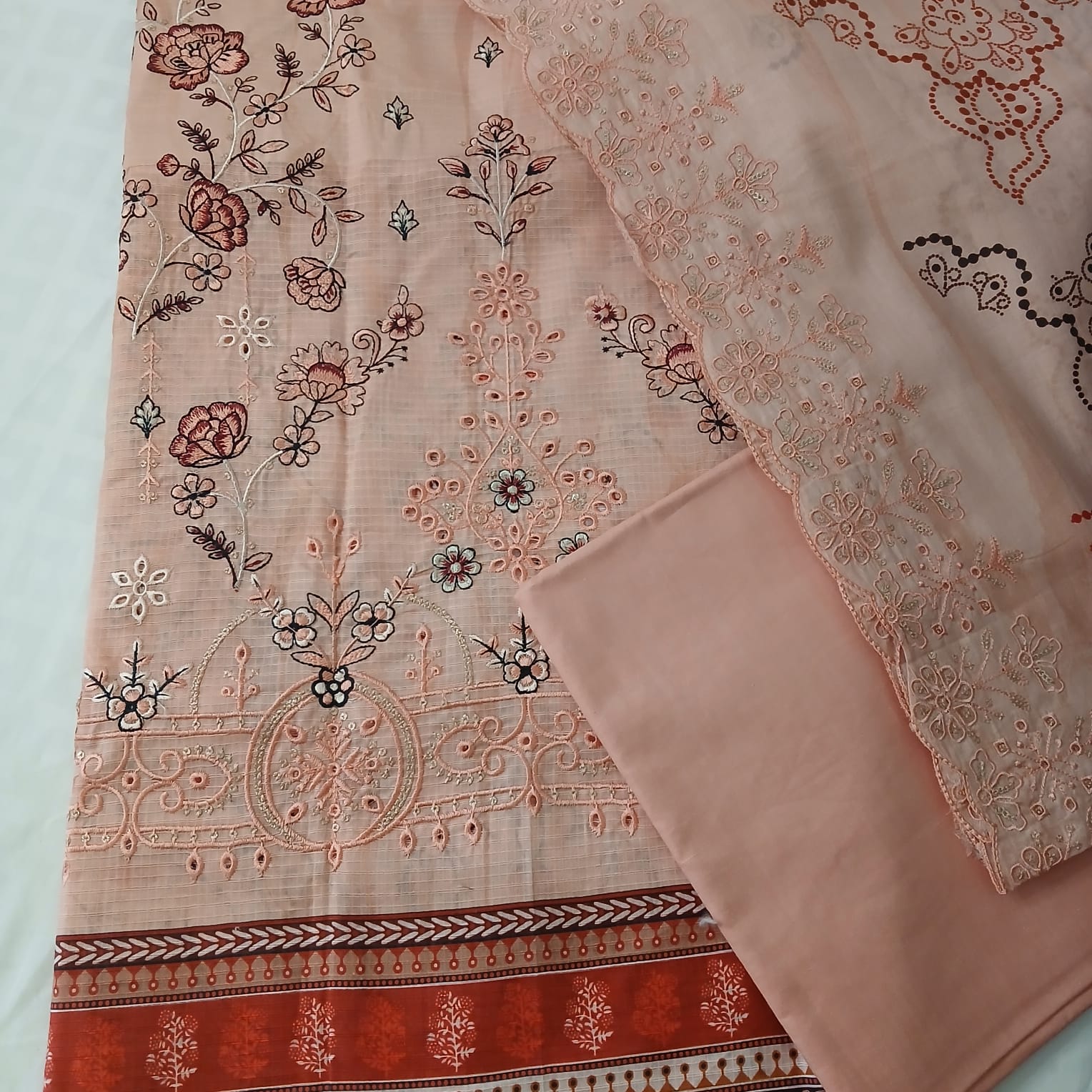 complete peach doria lawn embroidered suit with trouser and dupatta