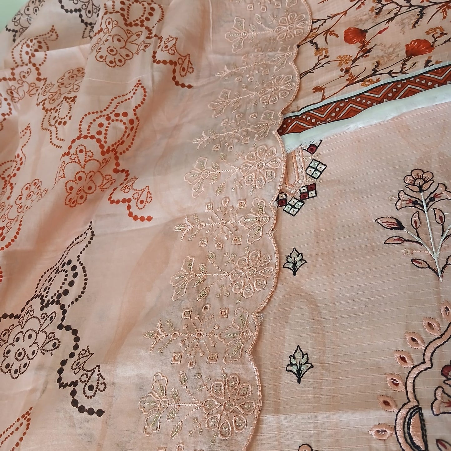 light peach dupatta design with embroidered lawn 3 piece suit