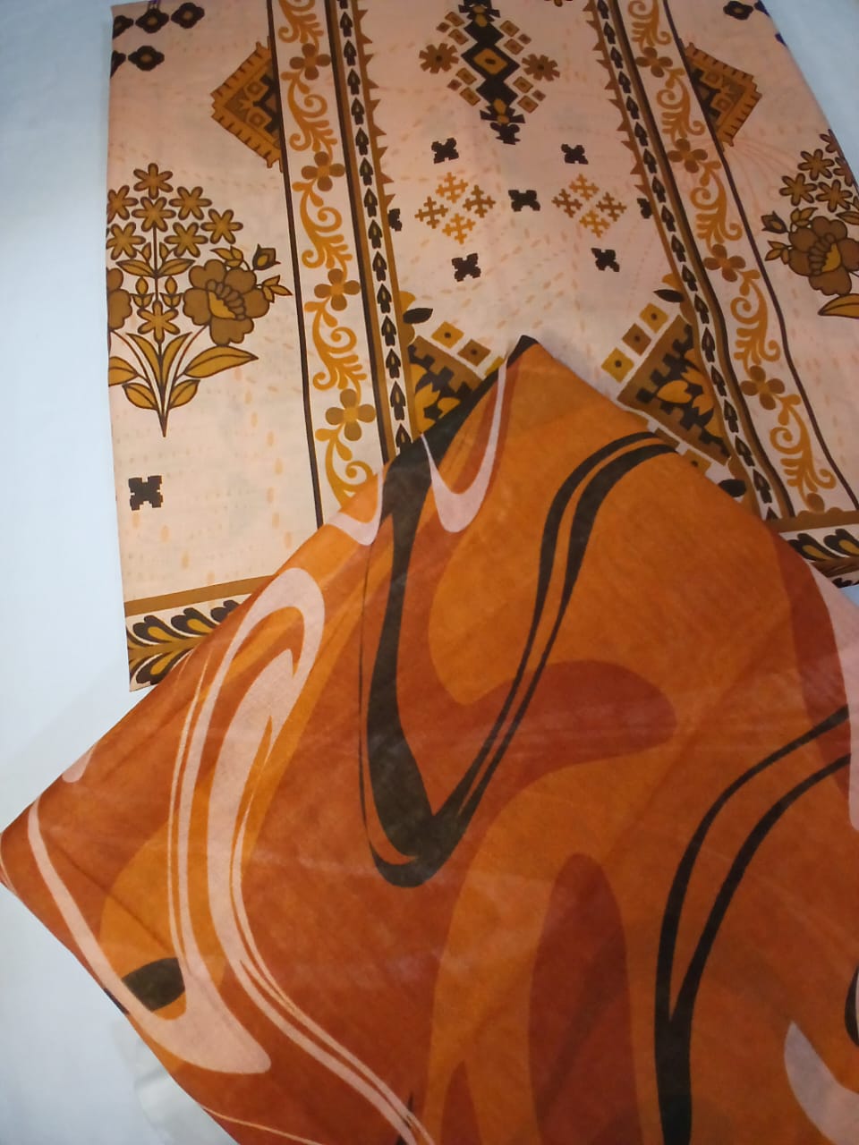 peach printed lawn suit full dress with rust orange dupatta and trouser