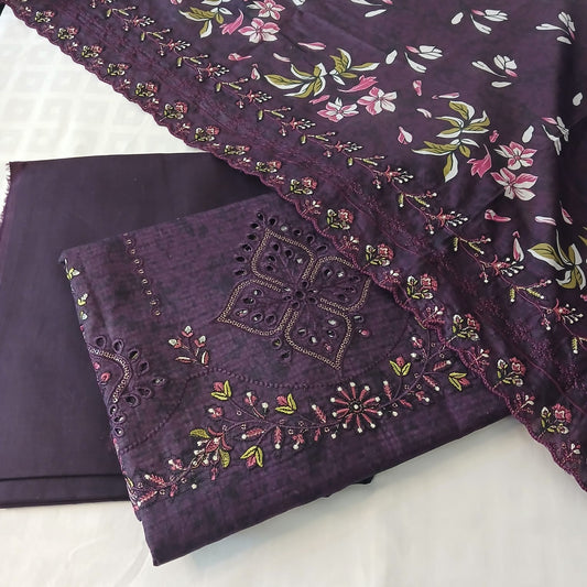 front view purple doria lawn embroidered 3 piece suit for women summer collection
