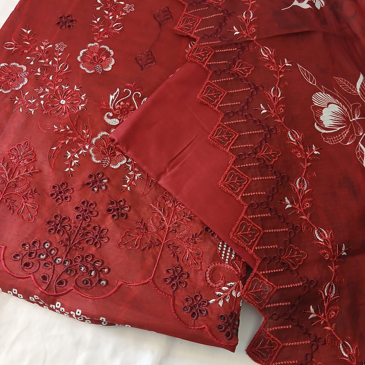 back view of red doria lawn embroidered shirt design for women