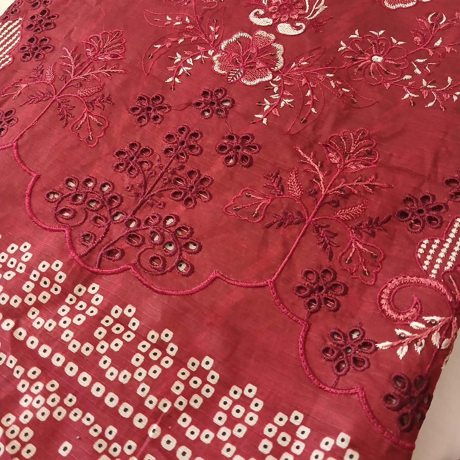 complete red doria lawn 3 piece suit with dupatta and trouser