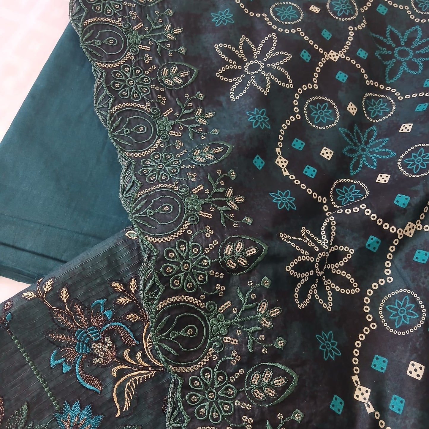 Bottle green embroidered lawn 3 piece suit with sequence work front design