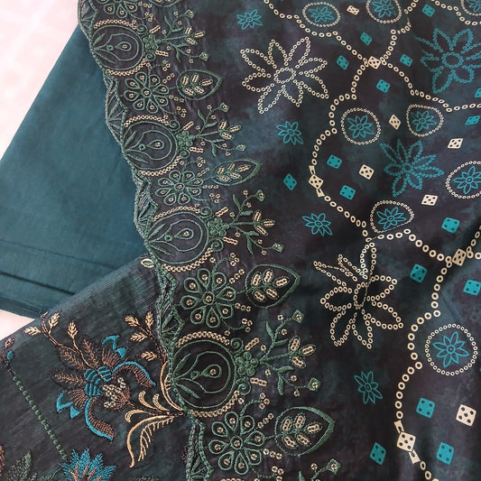 Bottle green embroidered lawn 3 piece suit with sequence work front design