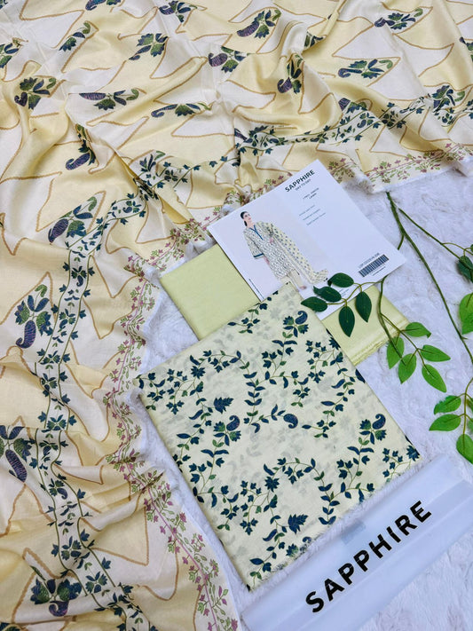 sapphire cream floral lawn suit 3 piece blue green print front view