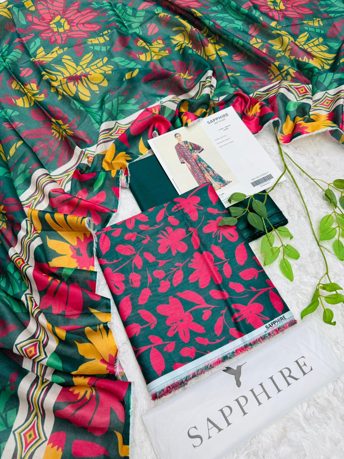 sapphire dark green floral lawn suit 3 piece pink yellow print front view
