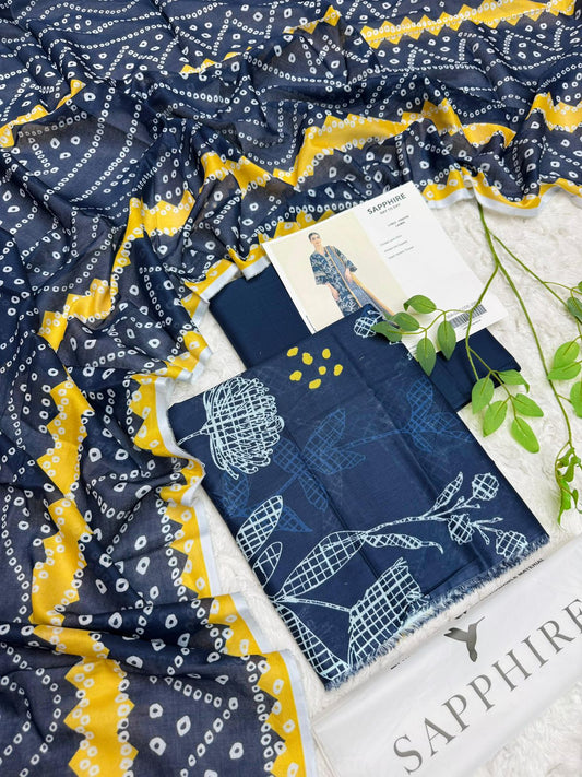 sapphire navy blue floral lawn suit 3 piece olive gold print front view