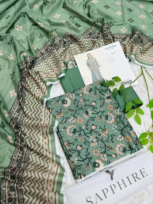 sapphire sage green printed lawn suit 3 piece floral summer front view