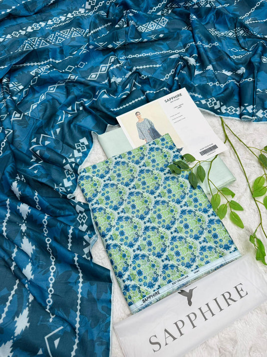 sapphire teal blue printed lawn suit 3 piece mint floral front view