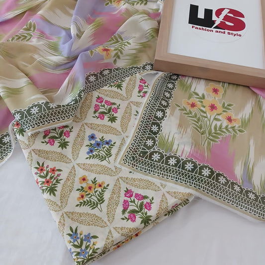 All over printed lawn dress 3 piece with digital voile dupatta front view