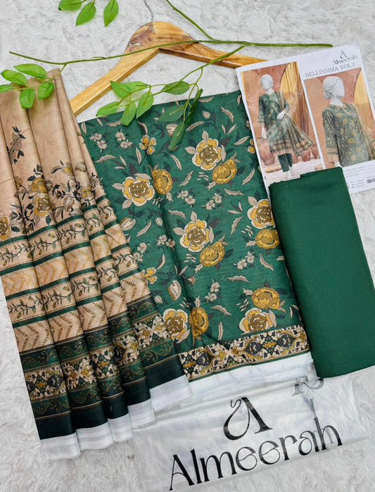 Almeera lawn 3 piece suit in meadow green and beige floral print front design