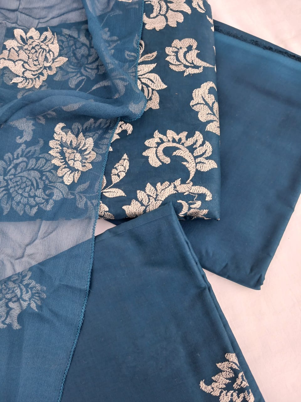 Closeup view of embroidered blue bember chiffon dupatta fabric