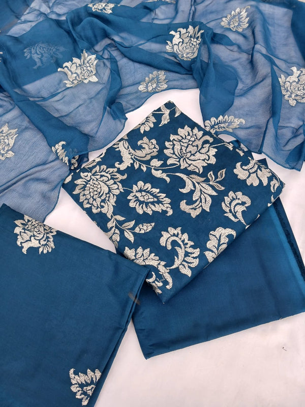 Blue embroidered lawn 3 piece suit with premium floral embroidery for women